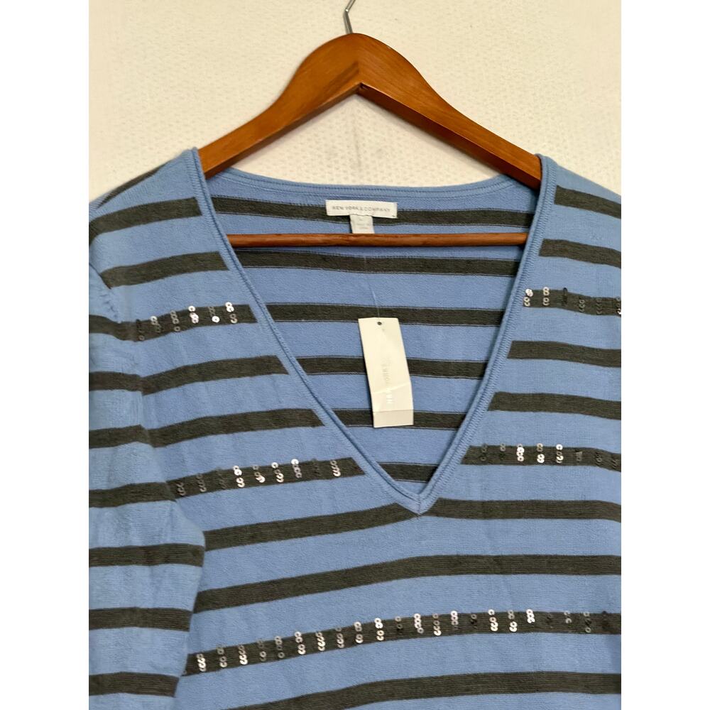 New York & Company XL Blue Gray Striped V Neck Sweater Sequin‎ Detail NWT - Picture 2 of 10